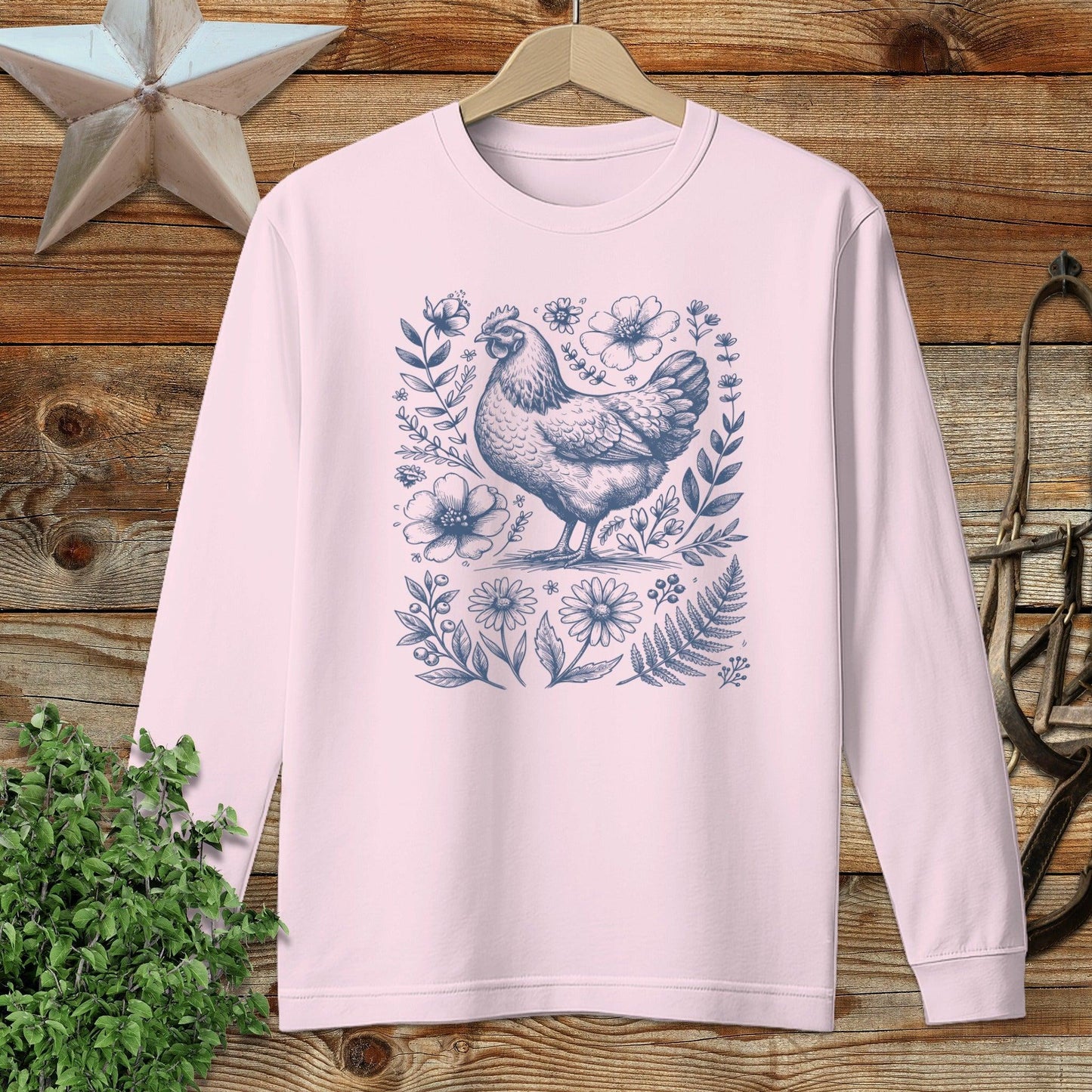 Botanical Chicken Illustration Long Sleeve Tee