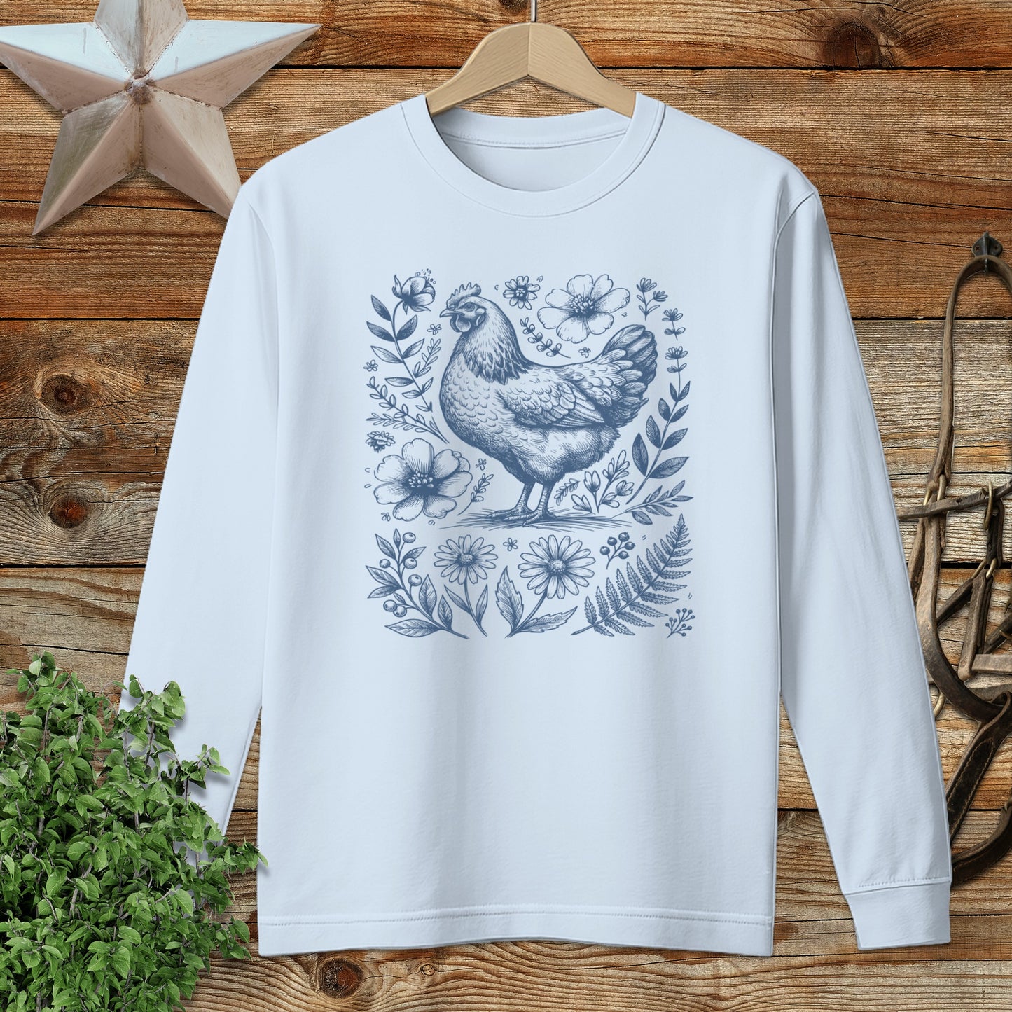 Botanical Chicken Illustration Long Sleeve Tee