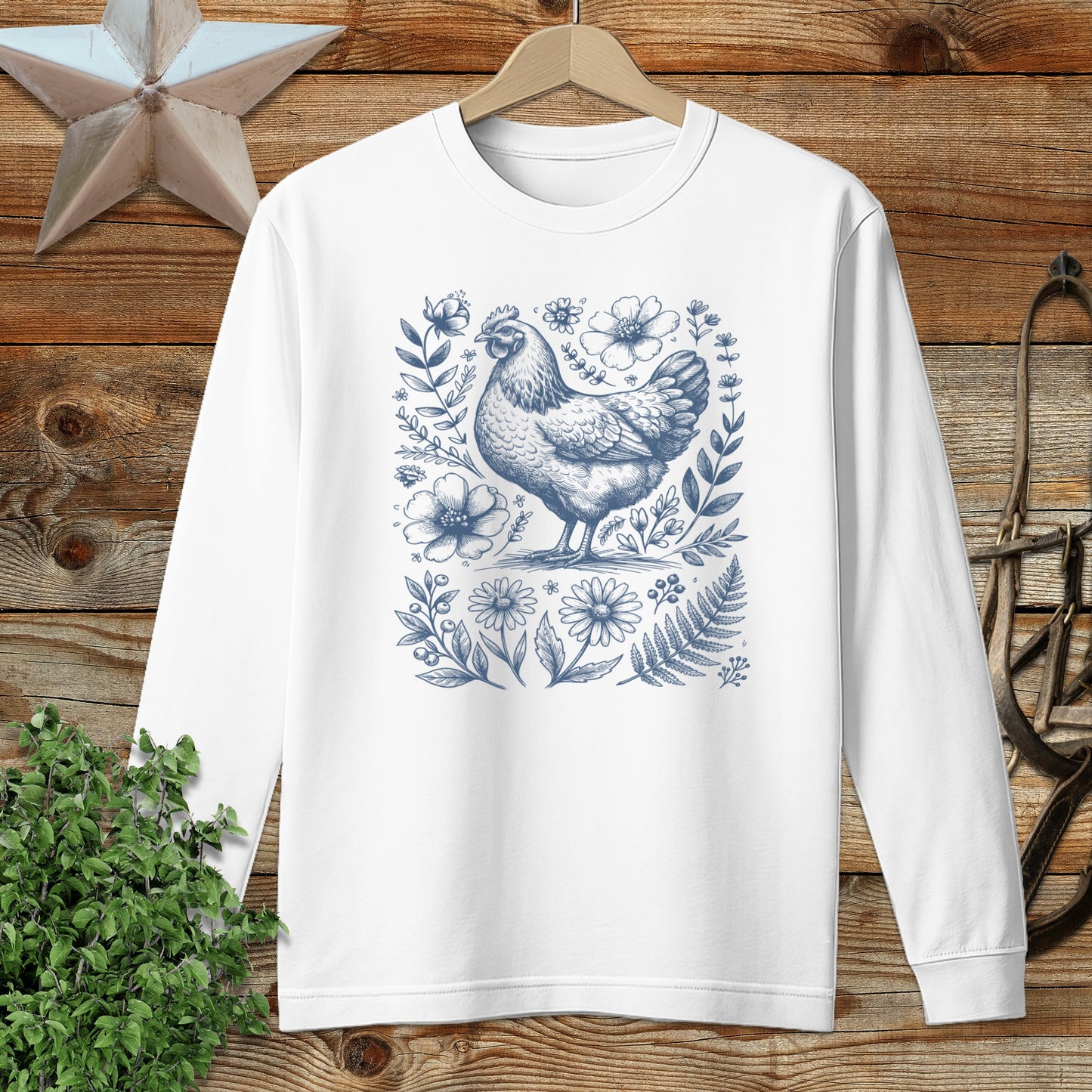 Botanical Chicken Illustration Long Sleeve Tee