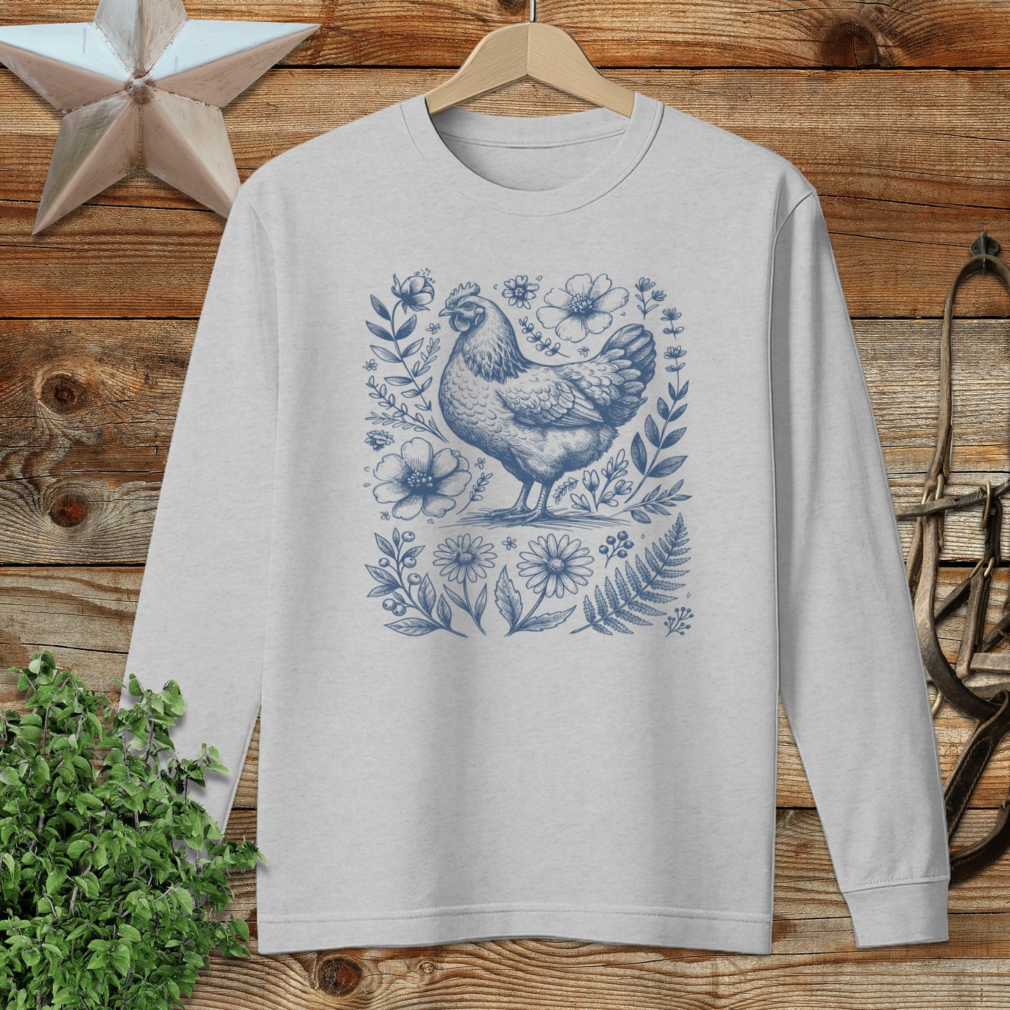 Botanical Chicken Illustration Long Sleeve Tee