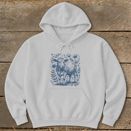 Botanical Cow Illustration Hoodie - Sport Grey