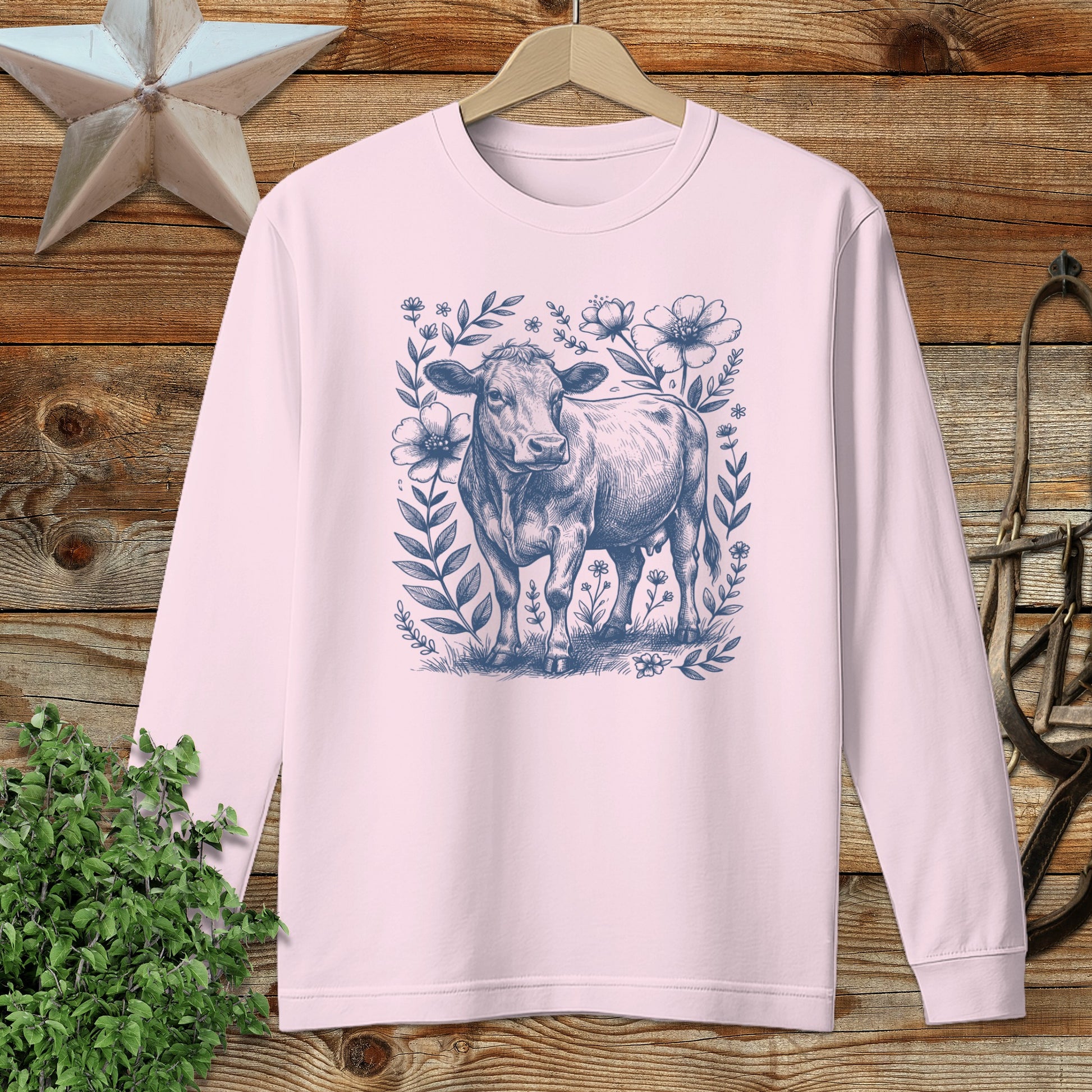 Botanical Cow Illustration Long Sleeve Tee