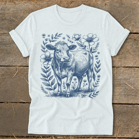 Botanical Cow Illustration Softstyle Tee - Heather Ice Blue