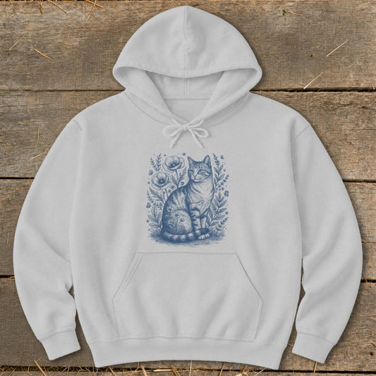 Botanical Farm Cat Illustration Hoodie - Sport Grey