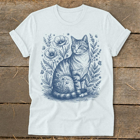 Botanical Farm Cat Illustration Softstyle Tee - Heather Ice Blue