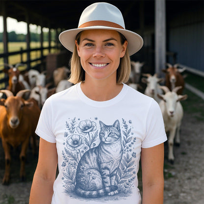 Botanical Farm Cat Illustration T-Shirt