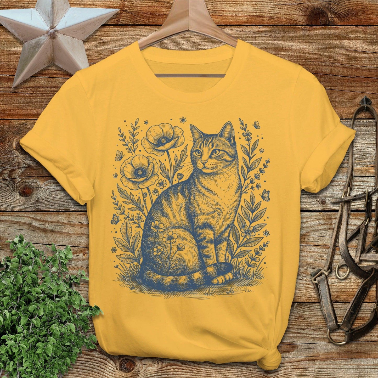 Botanical Farm Cat Illustration T-Shirt