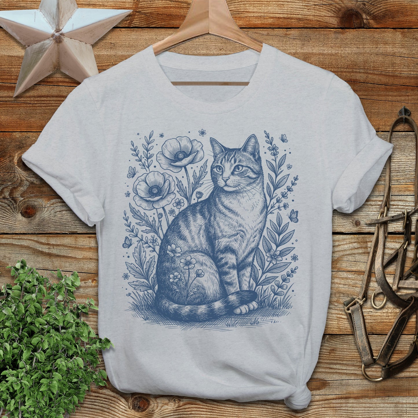 Botanical Farm Cat Illustration T-Shirt