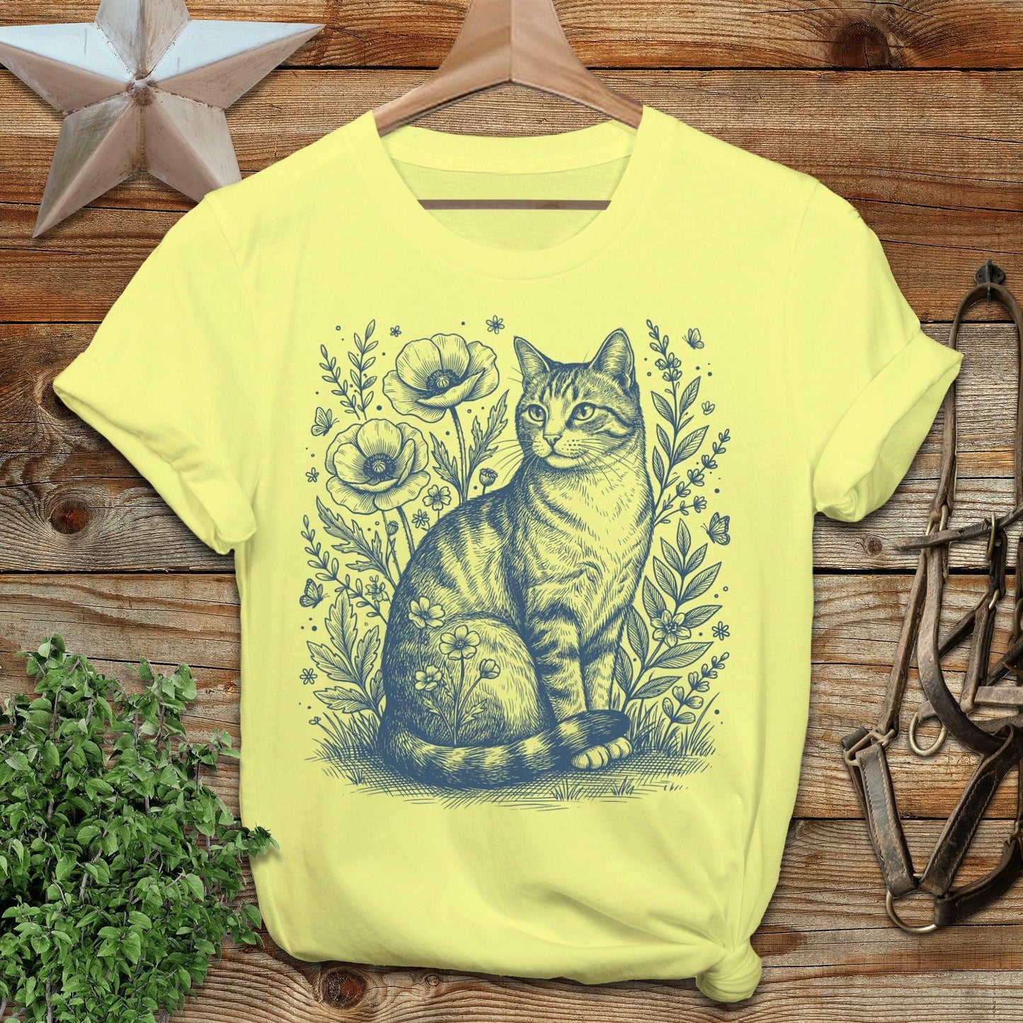 Botanical Farm Cat Illustration T-Shirt