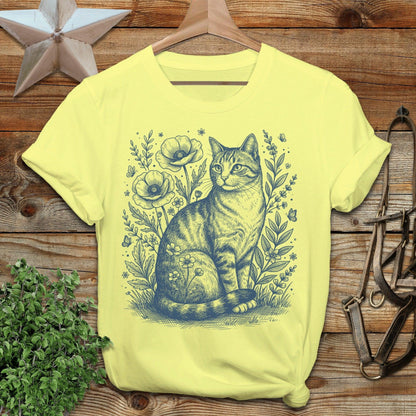 Botanical Farm Cat Illustration T-Shirt