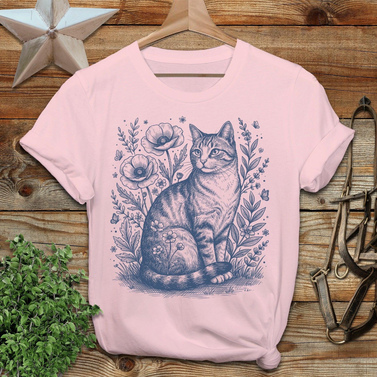 Botanical Farm Cat Illustration T-Shirt