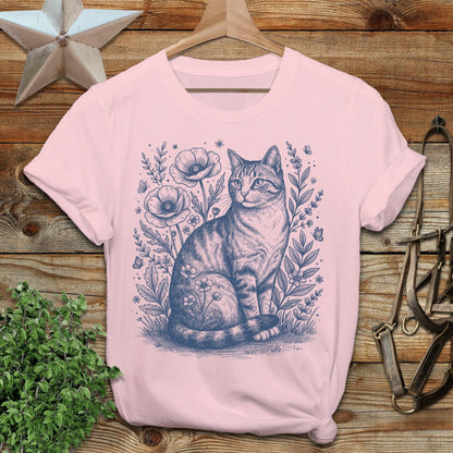 Botanical Farm Cat Illustration T-Shirt