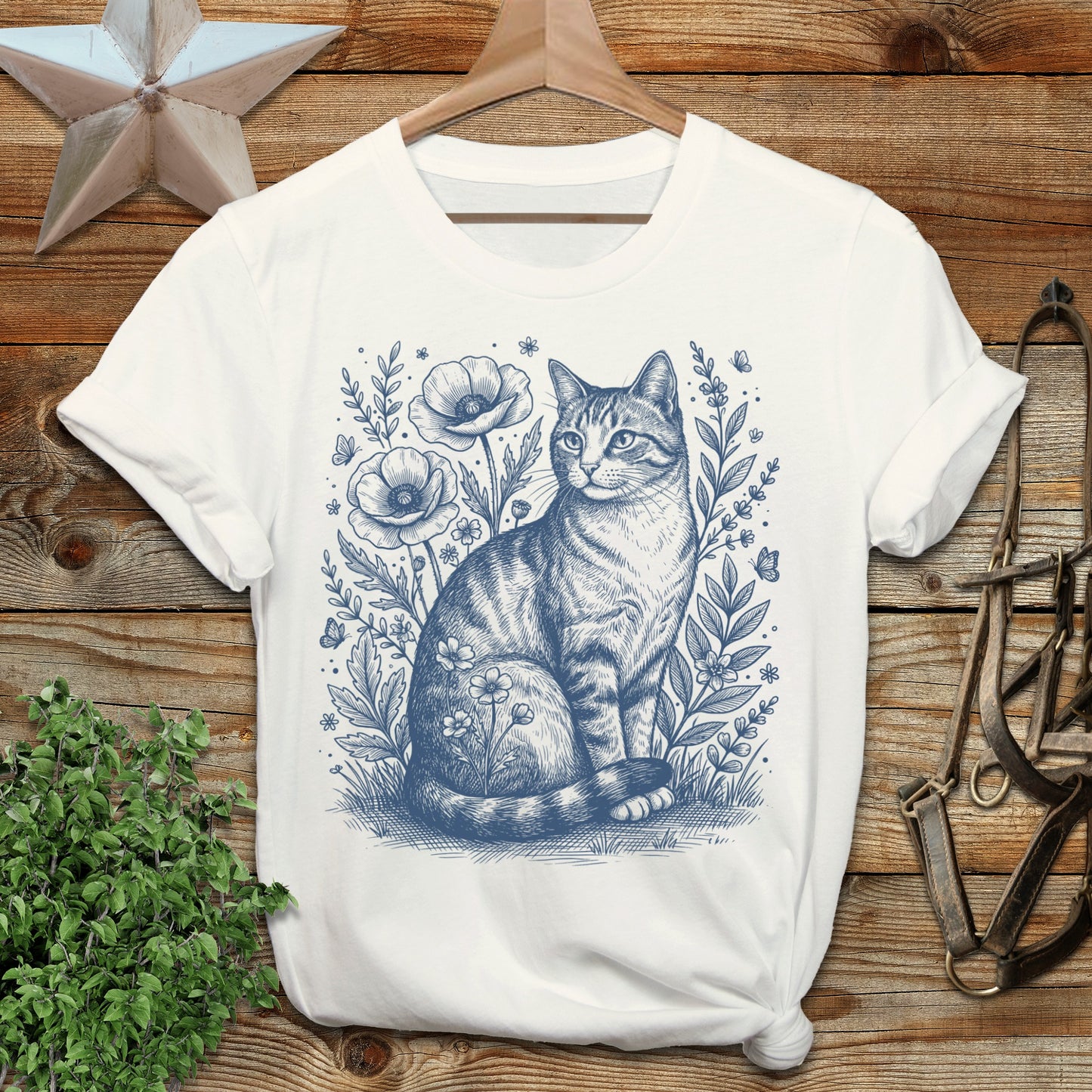 Botanical Farm Cat Illustration T-Shirt