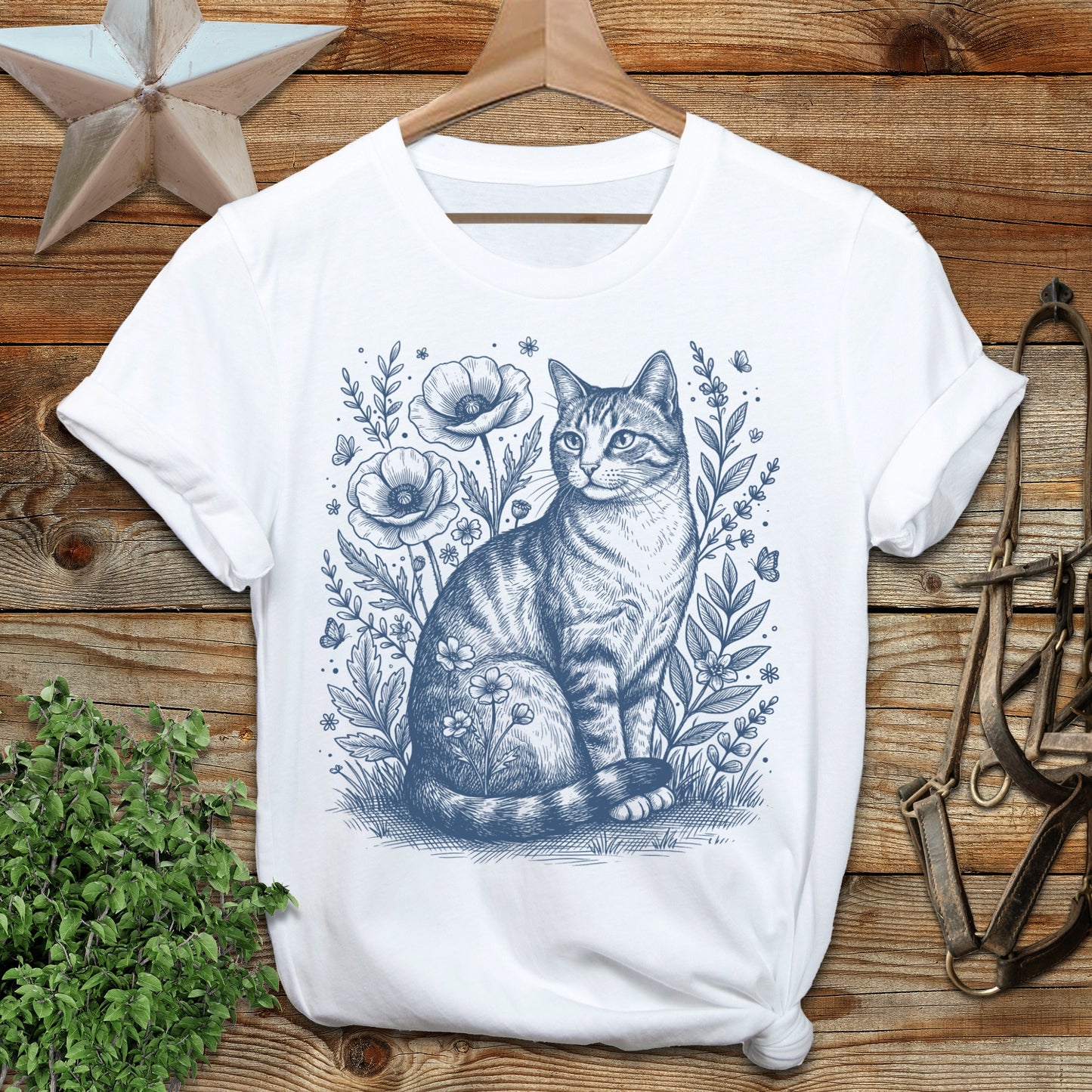 Botanical Farm Cat Illustration T-Shirt