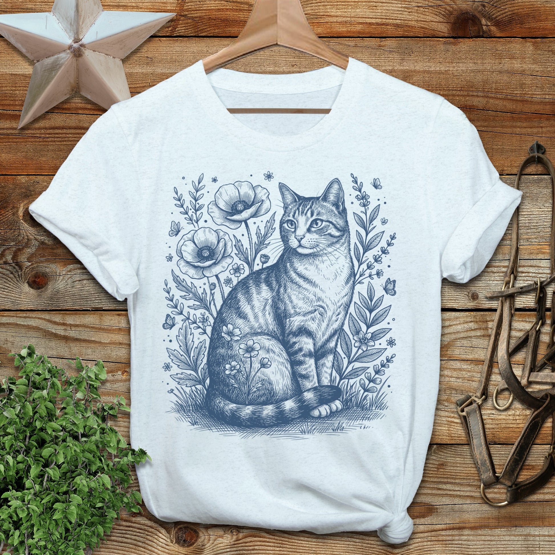 Botanical Farm Cat Illustration T-Shirt