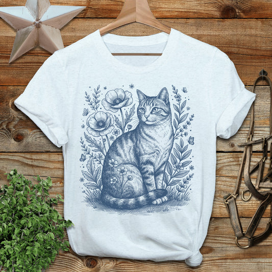 Botanical Farm Cat Illustration T-Shirt