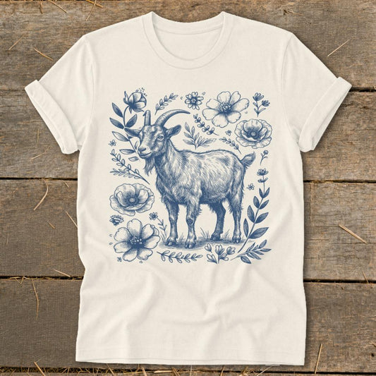 Botanical Goat Illustration Softstyle Tee - Natural