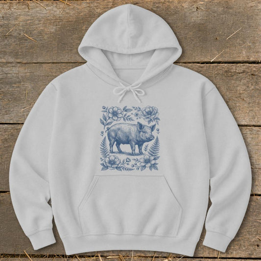 Botanical Pig Illustration Hoodie - Sport Grey