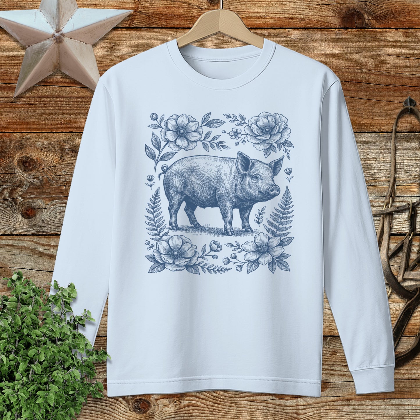 Botanical Pig Illustration Long Sleeve Tee