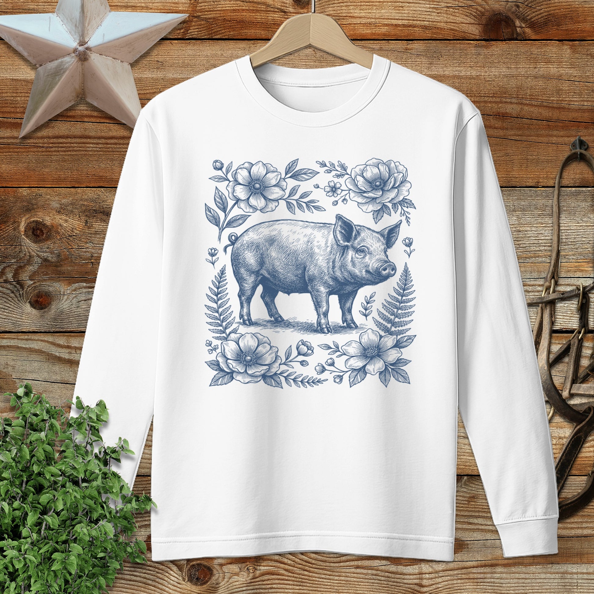 Botanical Pig Illustration Long Sleeve Tee