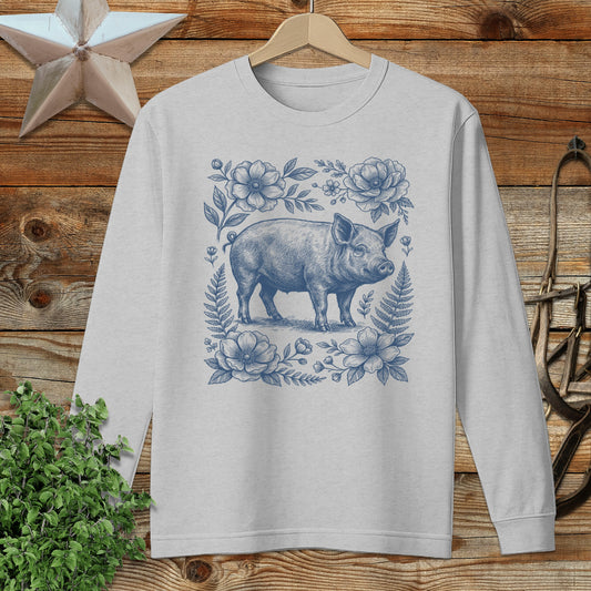 Botanical Pig Illustration Long Sleeve Tee