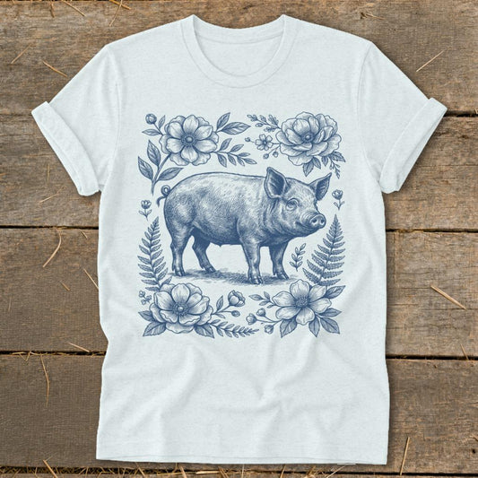Botanical Pig Illustration Softstyle Tee - Heather Ice Blue