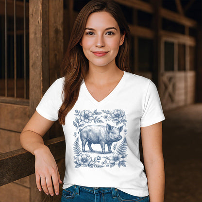 Botanical Pig Illustration V-neck
