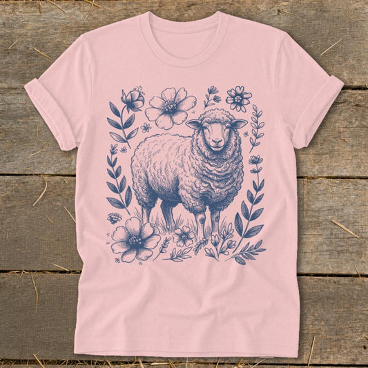 Botanical Sheep Illustration Softstyle Tee - Pink