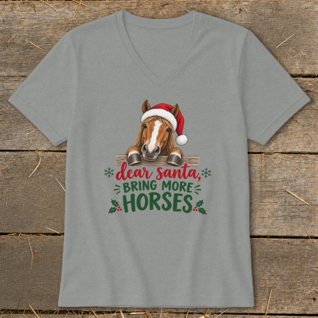 Gray v-neck t-shirt featuring a horse wearing a Santa hat and text that reads dear santa, bring more horses.