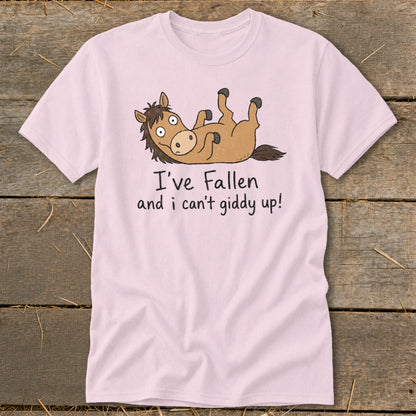 Pink t-shirt with cartoon horse on its back, text reads "I've Fallen and i can't giddy up!".