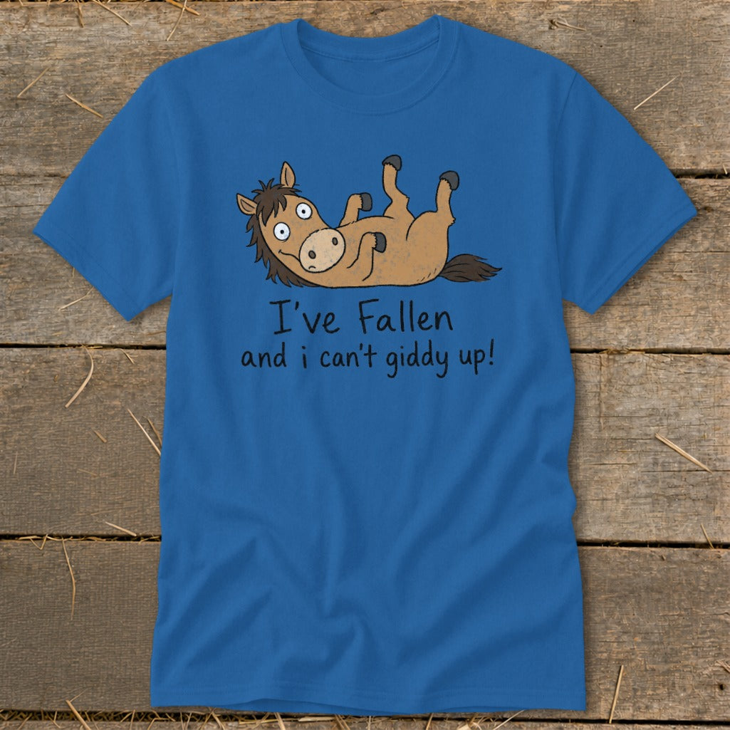 Blue t-shirt with cartoon horse and text "I've Fallen and i can't giddy up!".