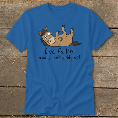 Blue t-shirt with cartoon horse and text "I've Fallen and i can't giddy up!".