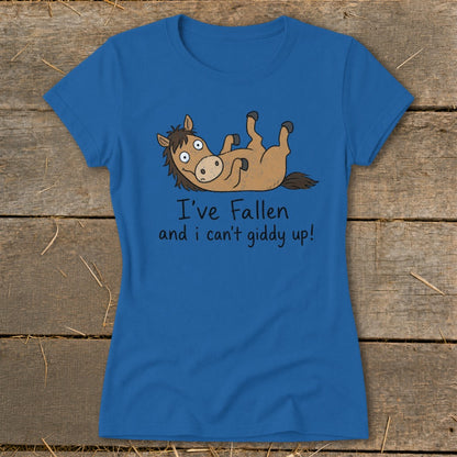 Blue t-shirt with cartoon horse and text "I've Fallen and I can't giddy up!"