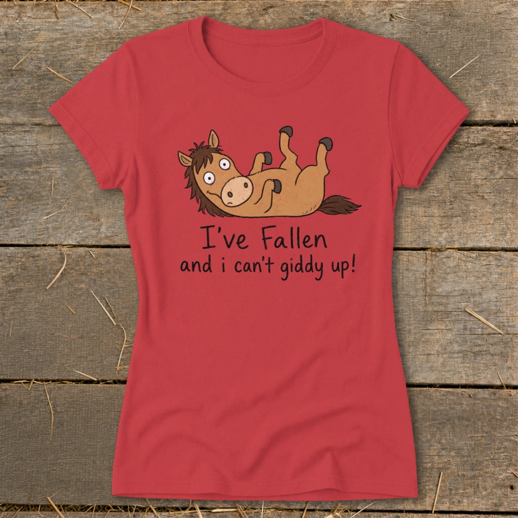 Red t-shirt with cartoon horse lying on its back and text "I've Fallen and I can't giddy up!".