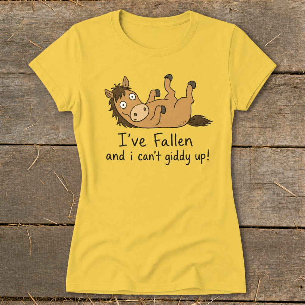 Yellow t-shirt with cartoon horse and text "I've Fallen and i can't giddy up!".