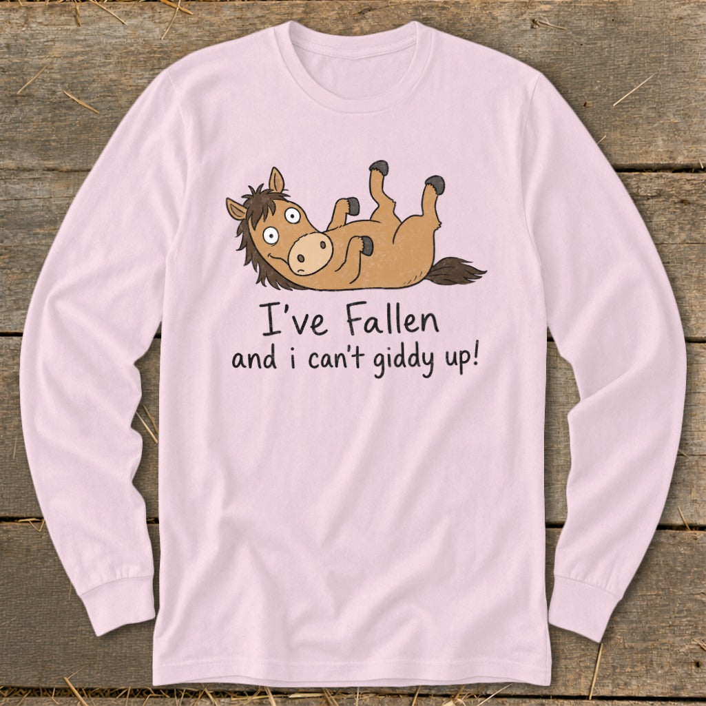 Pink long-sleeve shirt with cartoon horse and text "I've fallen and I can't giddy up!".