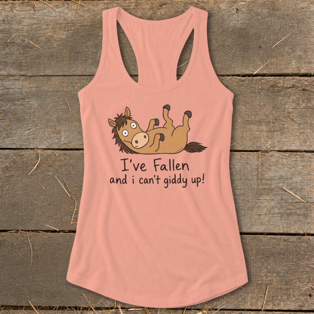 Peach tank top with cartoon horse and text "I've Fallen and i can't giddy up!".