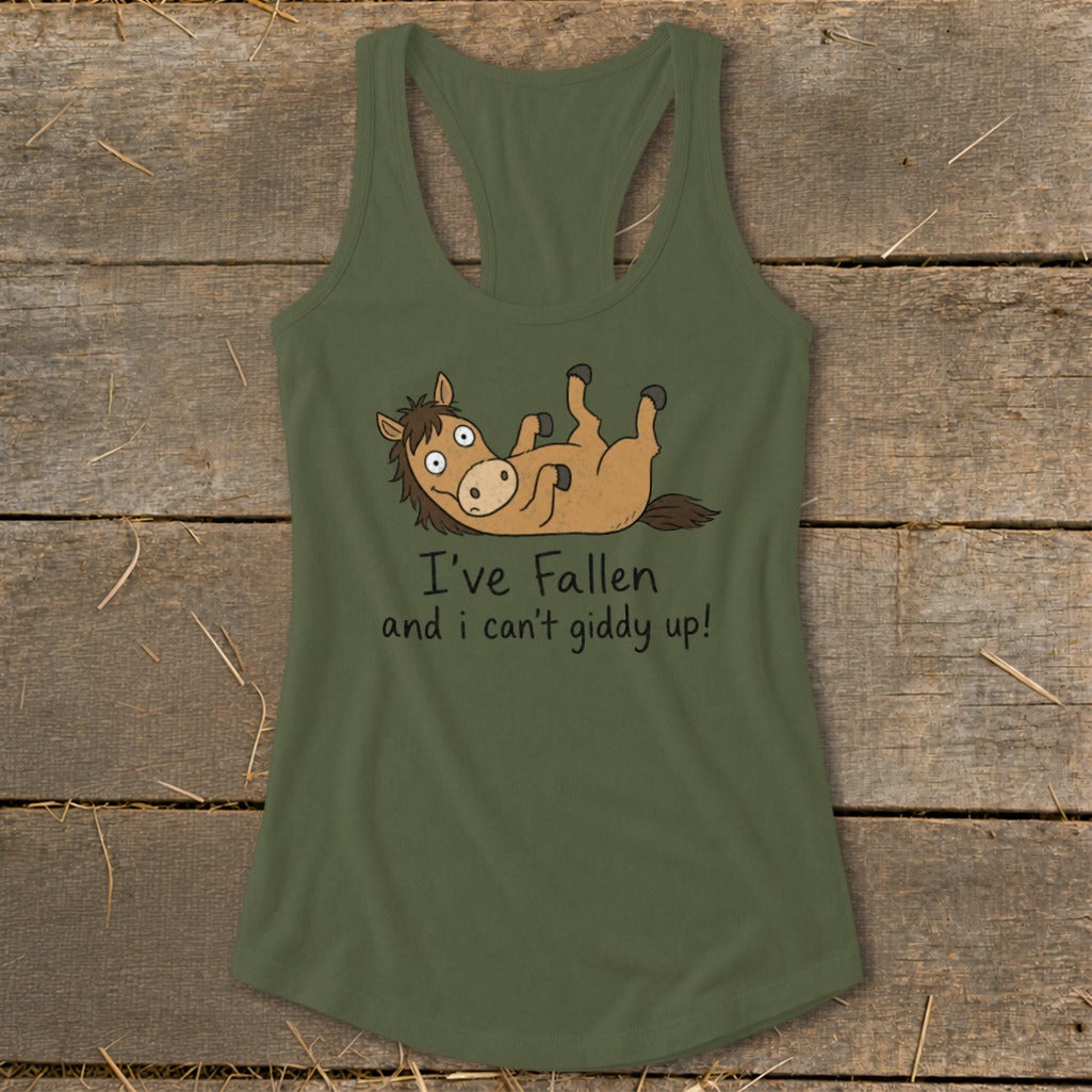 Olive green tank top with cartoon horse and "I've Fallen and I can't giddy up!" text.