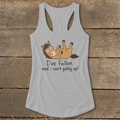 Grey tank top with a cartoon horse and text "I've Fallen and i can't giddy up!".