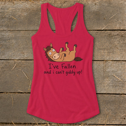 Red tank top with cartoon horse and text "I've Fallen and I can't giddy up!".