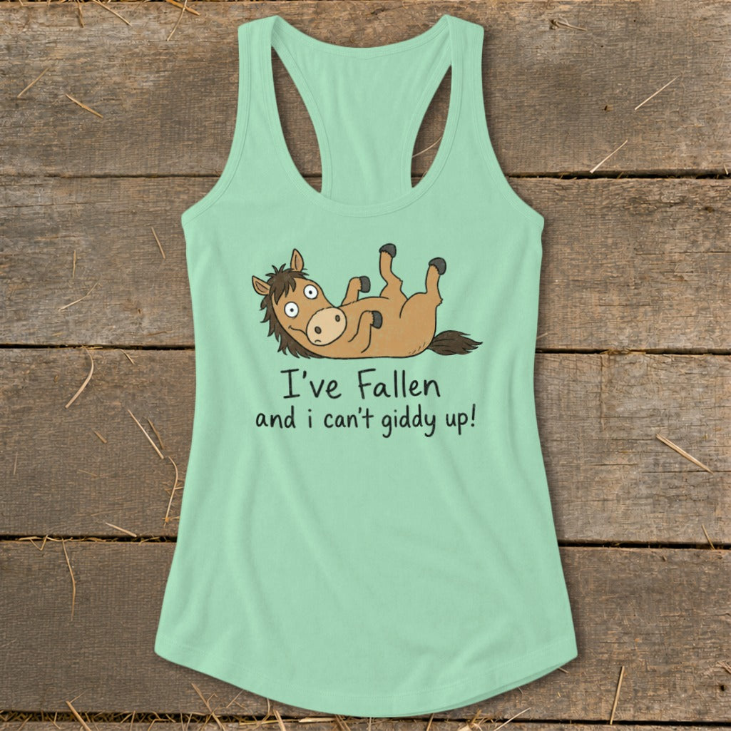 Mint green tank top with cartoon horse saying "I've Fallen and I can't giddy up!"