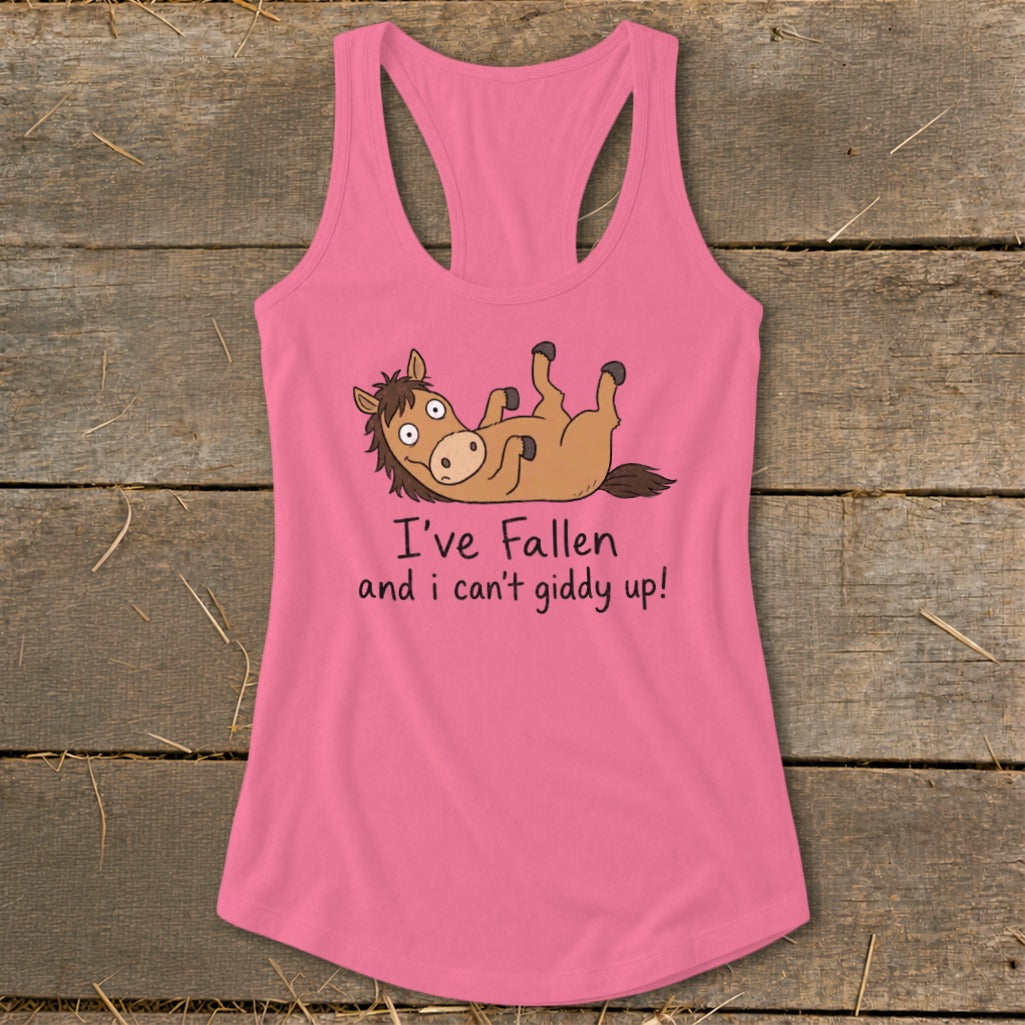 Pink tank top with cartoon horse and text "I've Fallen and I can't giddy up!".