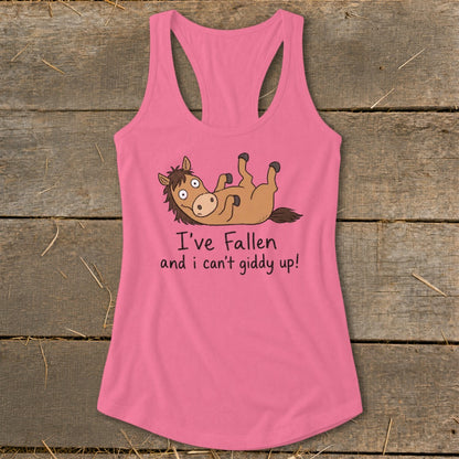 Pink tank top with cartoon horse and text "I've Fallen and I can't giddy up!".