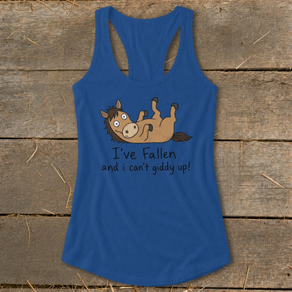 Blue tank top with cartoon horse graphic and text "I've Fallen and i can't giddy up!".