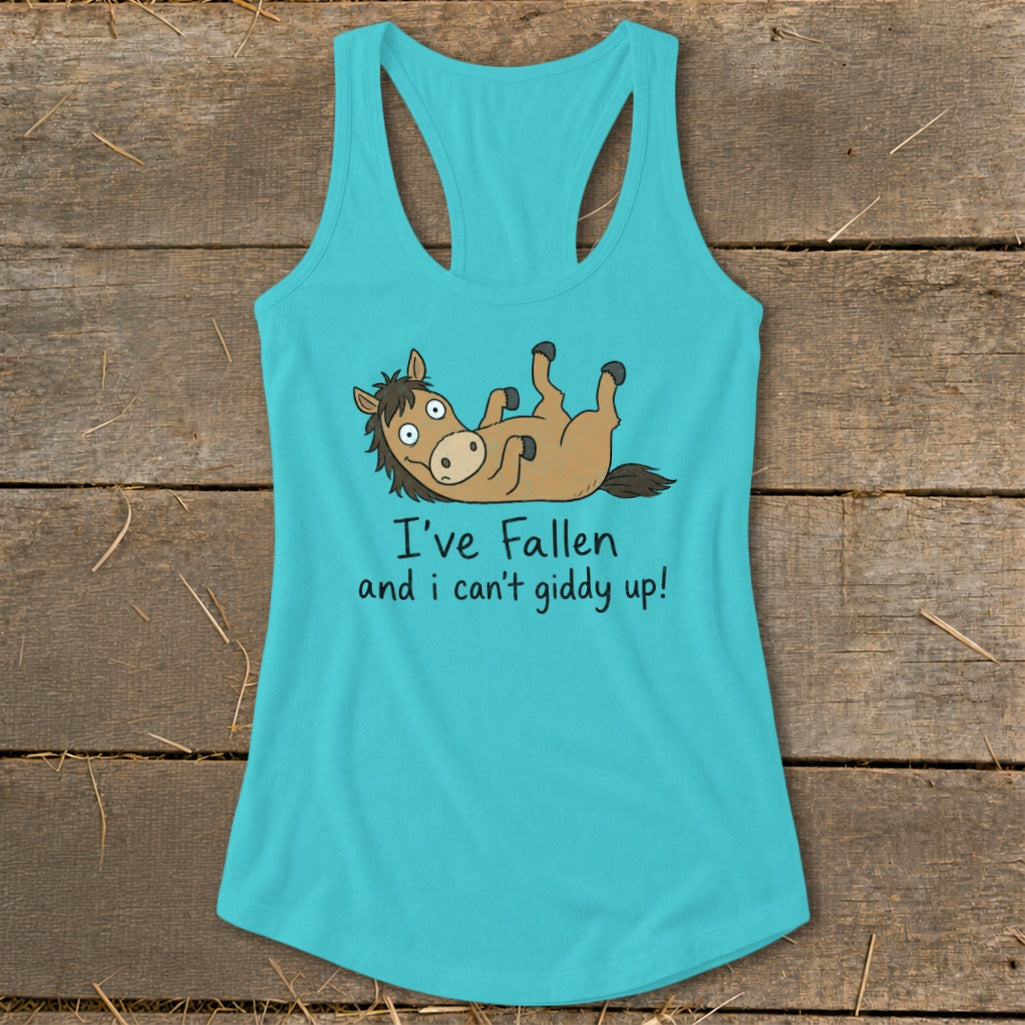 Turquoise tank top with a cartoon horse and text "I've Fallen and i can't giddy up!".