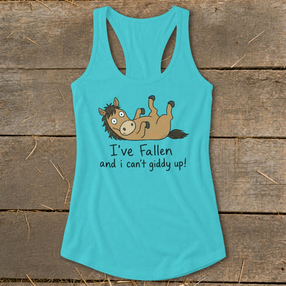 Turquoise tank top with a cartoon horse and text "I've Fallen and i can't giddy up!".