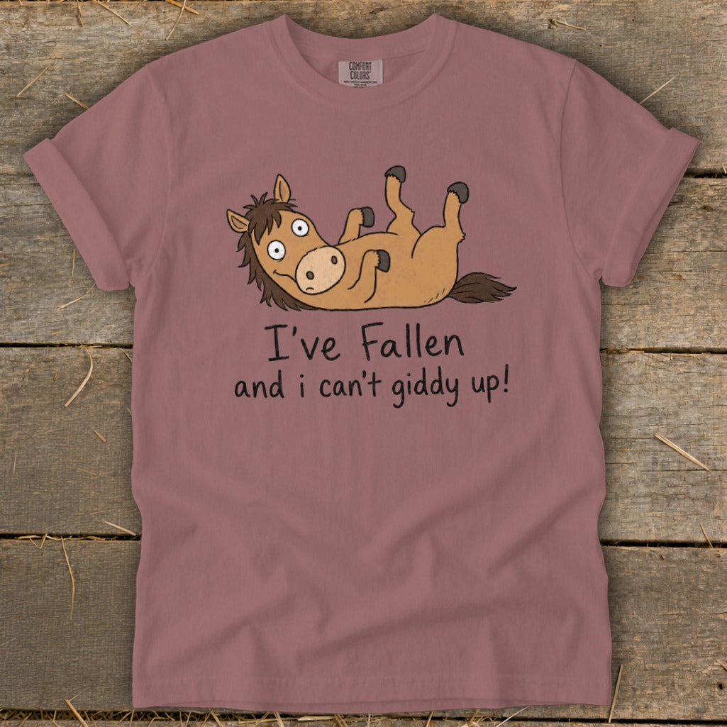 Brown t-shirt with cartoon horse on back, saying "I've Fallen and I can't giddy up!"