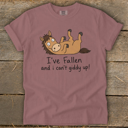 Brown t-shirt with cartoon horse on back, saying "I've Fallen and I can't giddy up!"