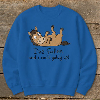 Blue sweatshirt with a cartoon horse lying on its back and the text "I've Fallen and i can't giddy up!"