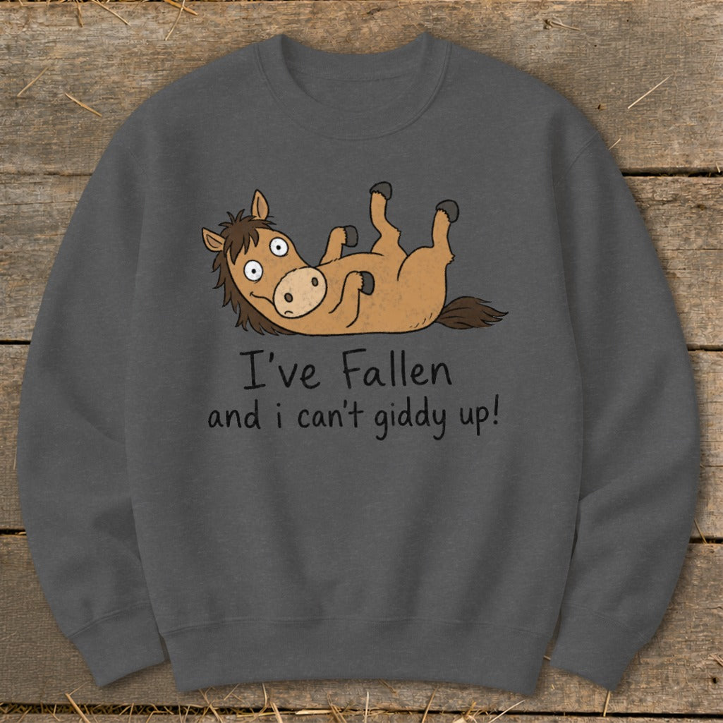Dark gray sweatshirt with a cartoon horse on its back and the text "I've Fallen and i can't giddy up!".